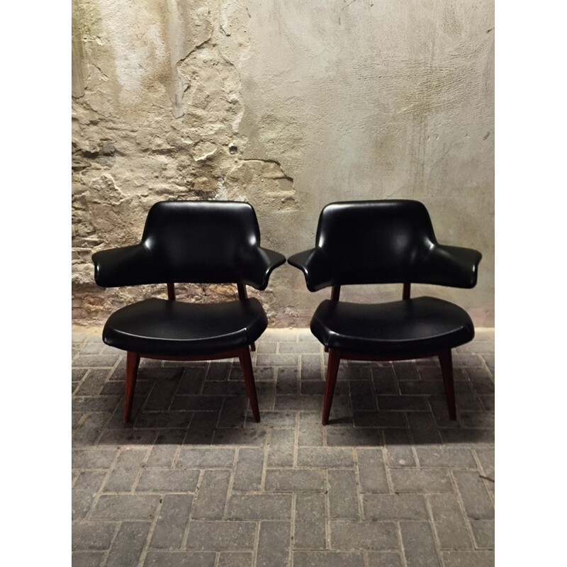 Set of Wébé armchairs in teak and black leatherette, Louis VAN TEEFFELEN - 1960s