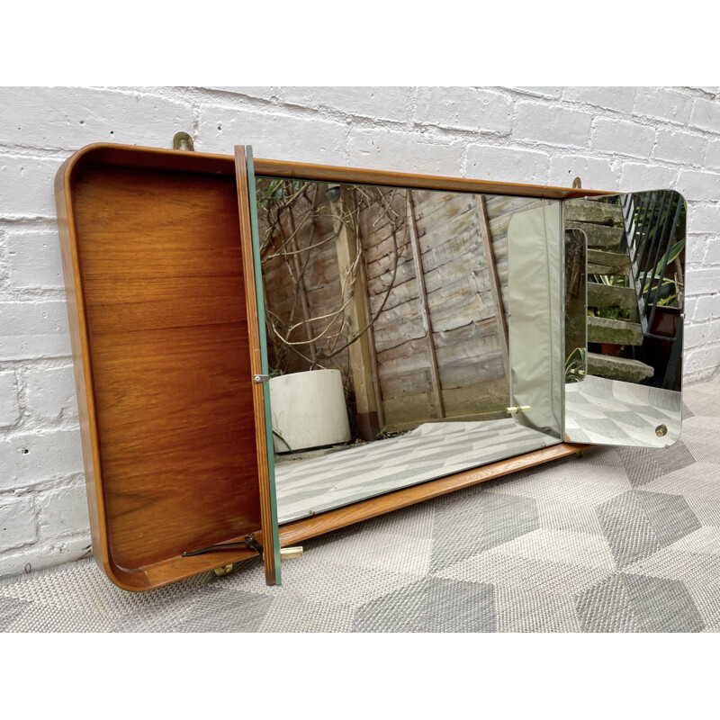 Rectangular vintage wall mirror with teak frame