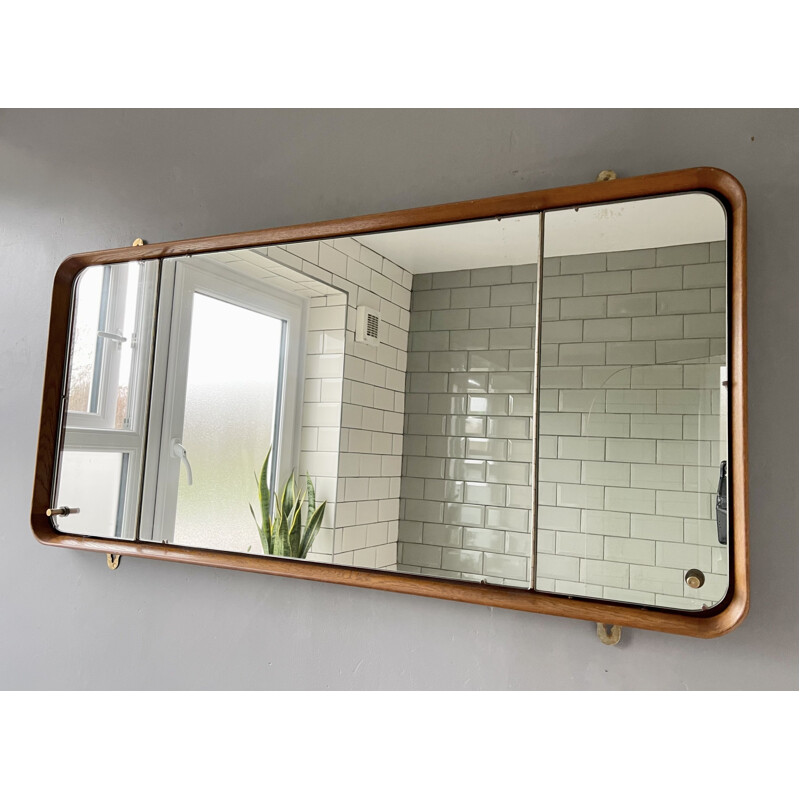 Rectangular vintage wall mirror with teak frame