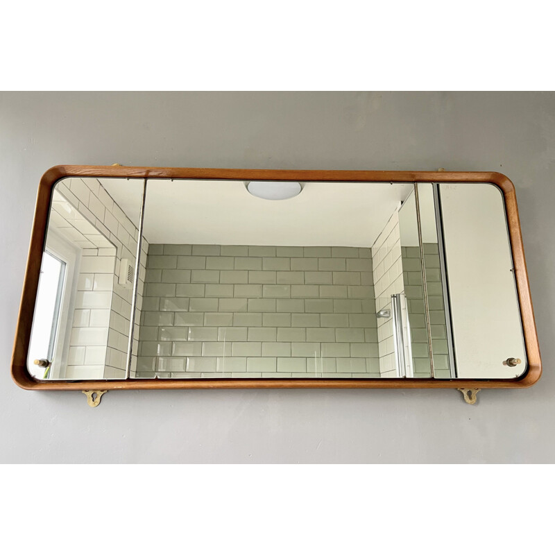 Rectangular vintage wall mirror with teak frame