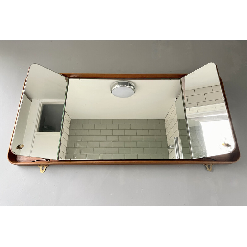 Rectangular vintage wall mirror with teak frame