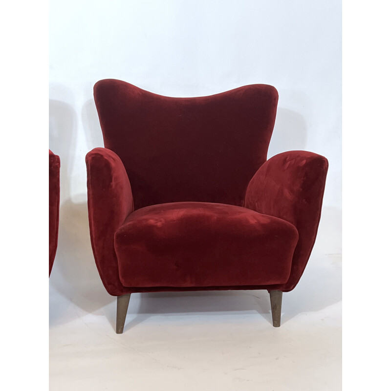 Paire de fauteuils vintage en velours rouge par Gio Ponti, 1950