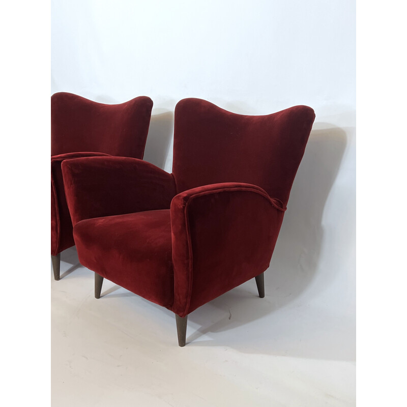 Paire de fauteuils vintage en velours rouge par Gio Ponti, 1950