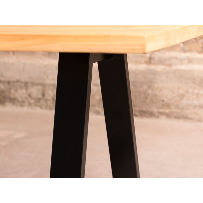 Vintage solid oakwood table on black metal legs