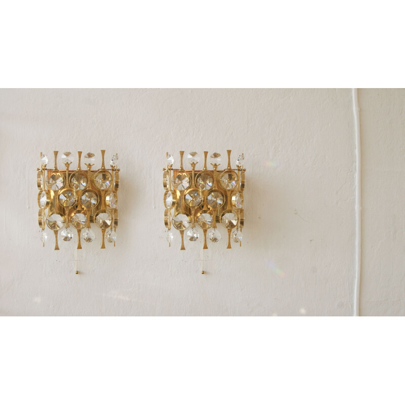Pair of vintage Hollywood Regency brass and crystal glass wall lamps by Palwa