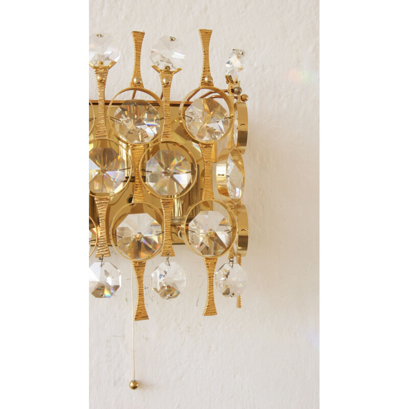 Pair of vintage Hollywood Regency brass and crystal glass wall lamps by Palwa