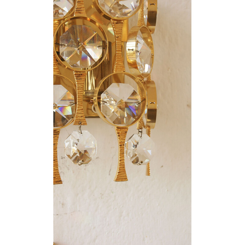 Pair of vintage Hollywood Regency brass and crystal glass wall lamps by Palwa
