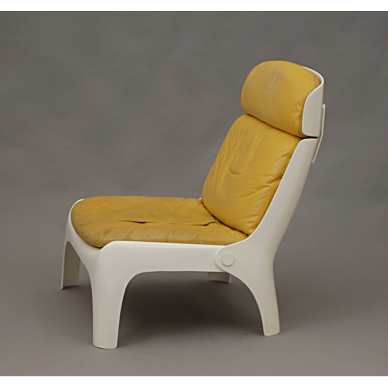 Ensemble de 4 fauteuils en fibre de verre et cuir jaune moutarde - 1970