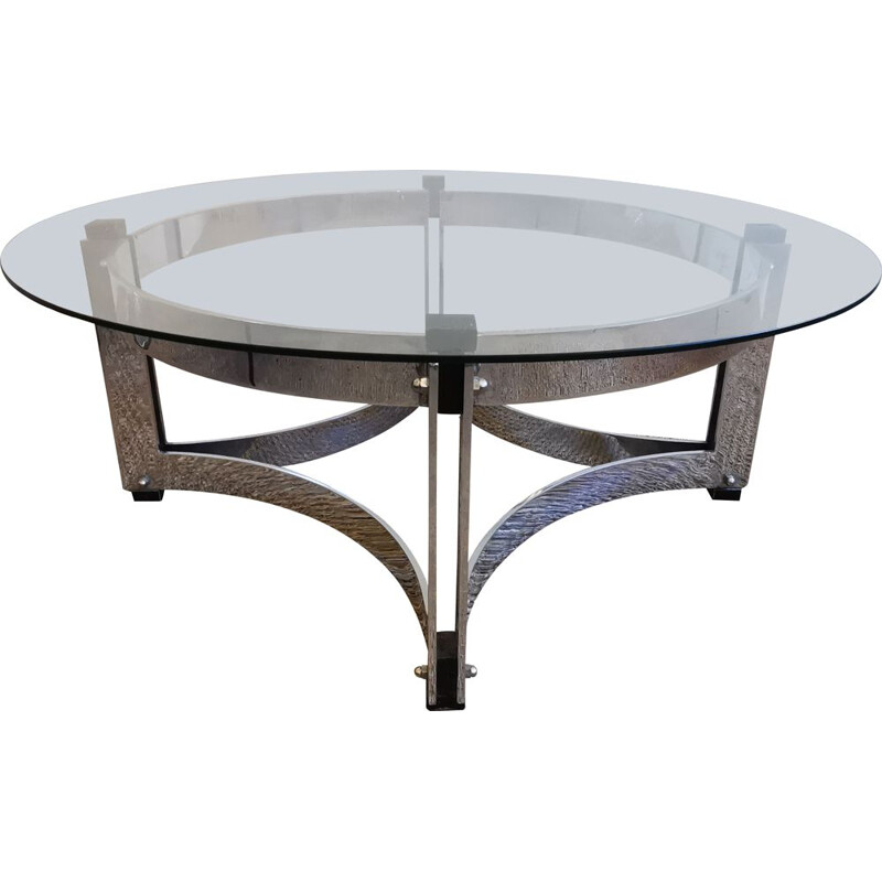 Round vintage coffee table in chrome and glass