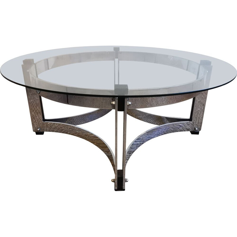 Table basse vintage ronde en chrome et verre