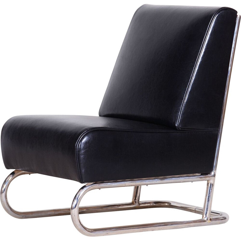 Fauteuil vintage en cuir noir, Tchécoslovaquie 1930