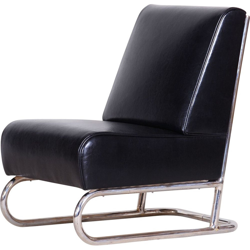 Vintage black leather armchair, Czechoslovakia 1930s