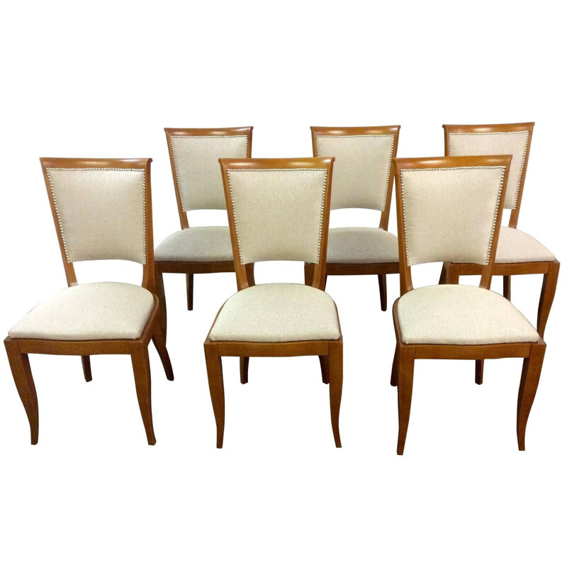 Set of 6 French dining chairs in walnut and fabric - 1930s