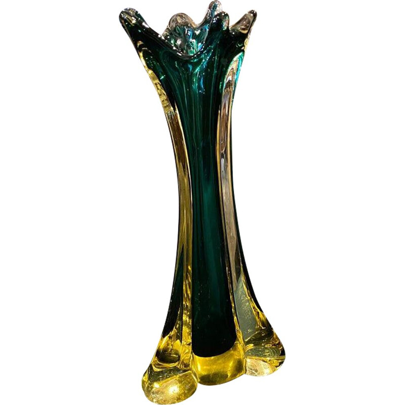 Modernistische Vintage-Vase aus grünem und gelbem Muranoglas, 1970