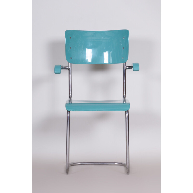 Vintage blue Bauhaus chair with armrets, 1930s