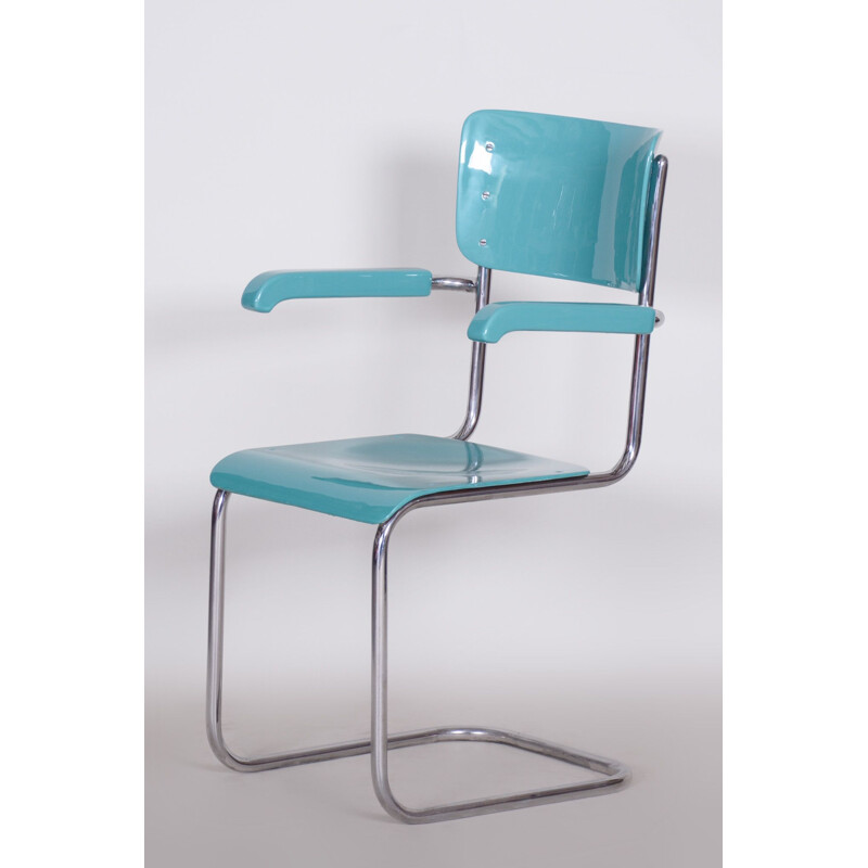 Vintage blue Bauhaus chair with armrets, 1930s