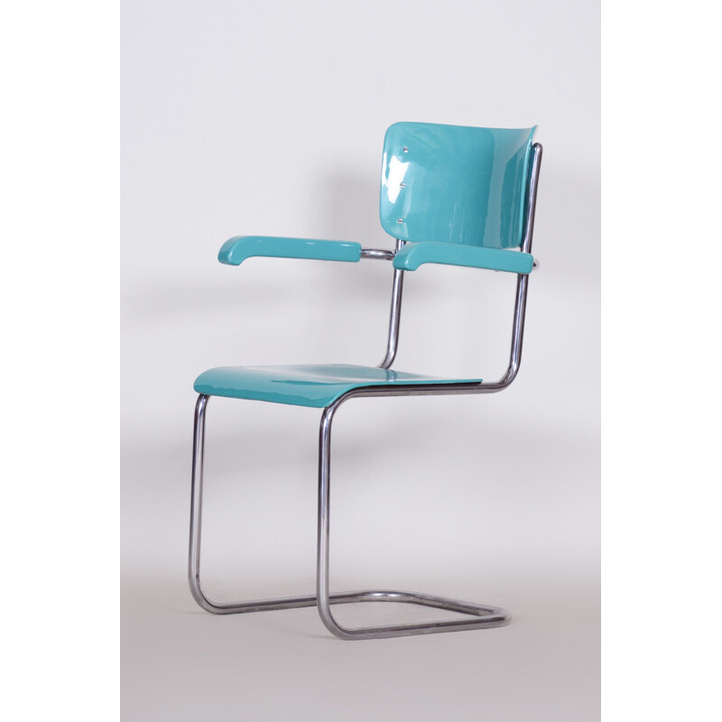 Sedia Bauhaus vintage blu con braccioli, 1930