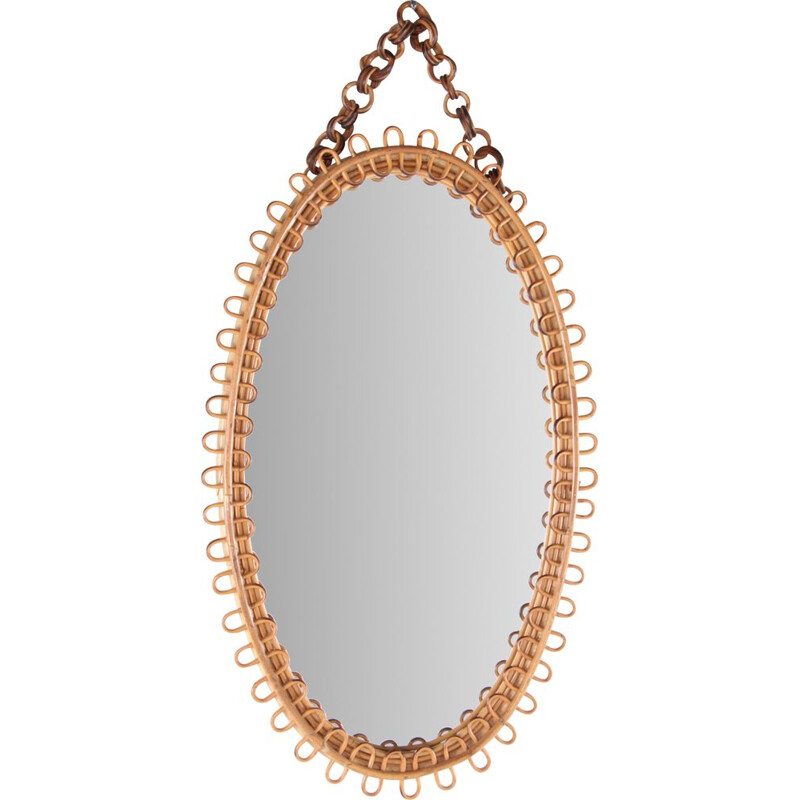 Vintage Italian oval wall mirror in bamboo and rattan, 1960s
