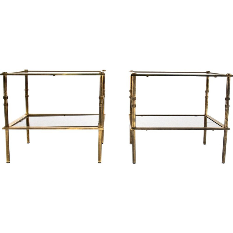 Pair of vintage brass and glass night stands, Poland 1970s