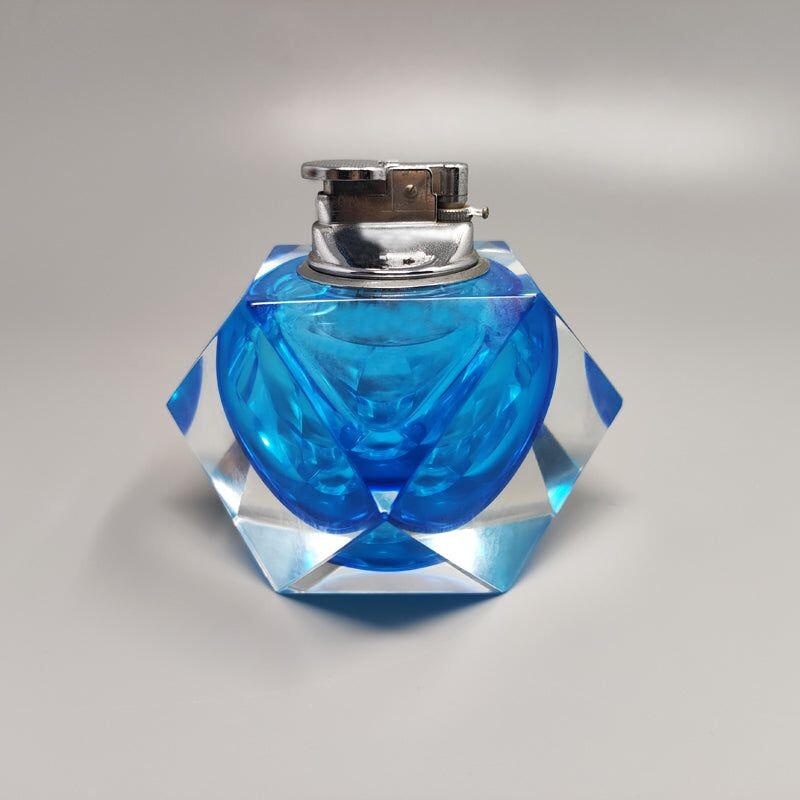 Vintage blue table lighter in Murano Sommerso glass by Flavio Poli for Seguso, 1960s