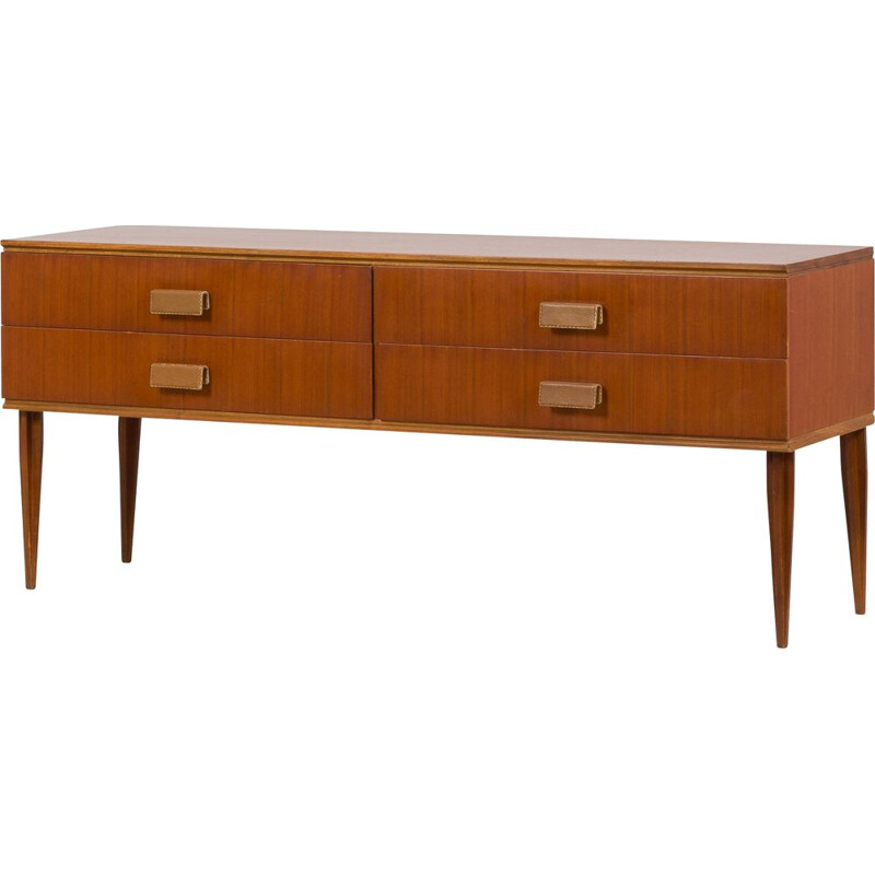 Italian mid century teak sideboard with 4 drawers and leather handles, 1960s