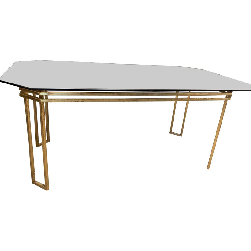 Vintage brass and smoked glass dining table, France 1970s