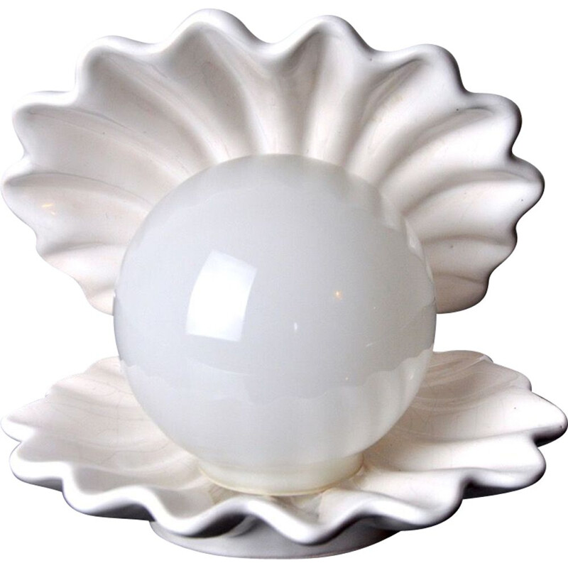 Vintage shell lamp in ceramic and opaline, France 1970