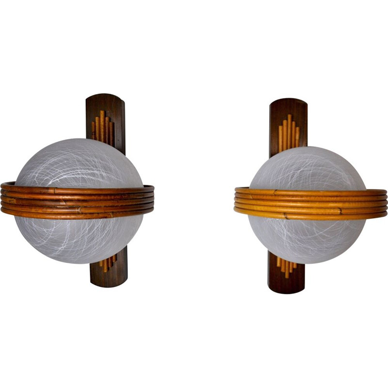 Pair of vintage wall lamps in bamboo and crystal, France 1970