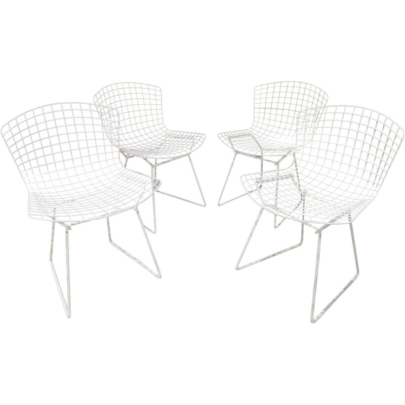 Set of 4 vintage Bertoia chairs in white lacquered metal for Knoll