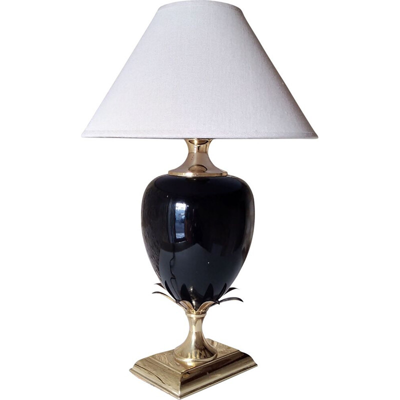 Vintage black ceramic and brass pineapple lamp, 1970