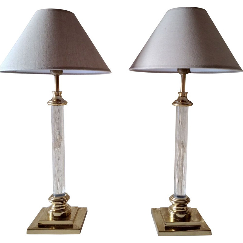 Pair of vintage lamps in altuglas and brass