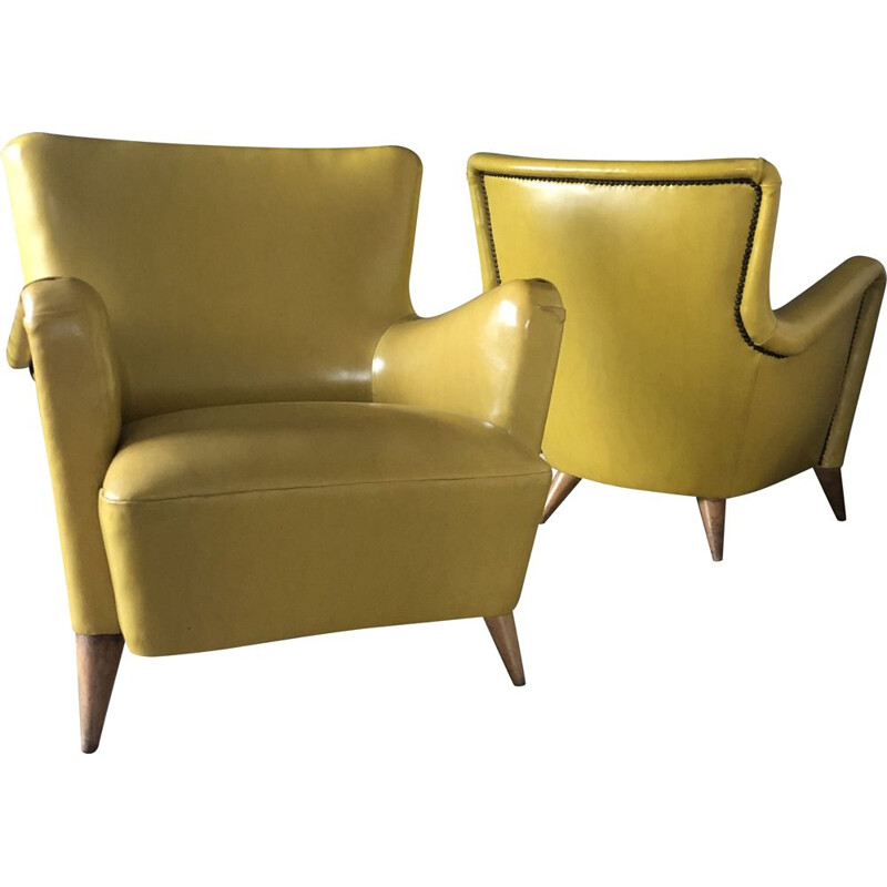 Pair of vintage armchairs in yellow skai by Ramos