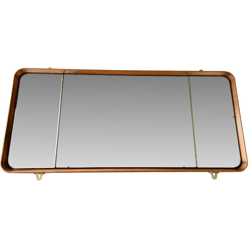 Rectangular vintage wall mirror with teak frame