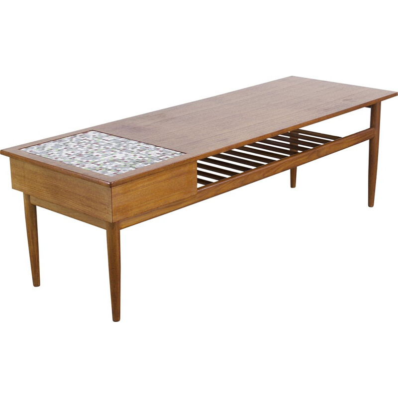 Teak coffee table with small tiles inlay - 1960s