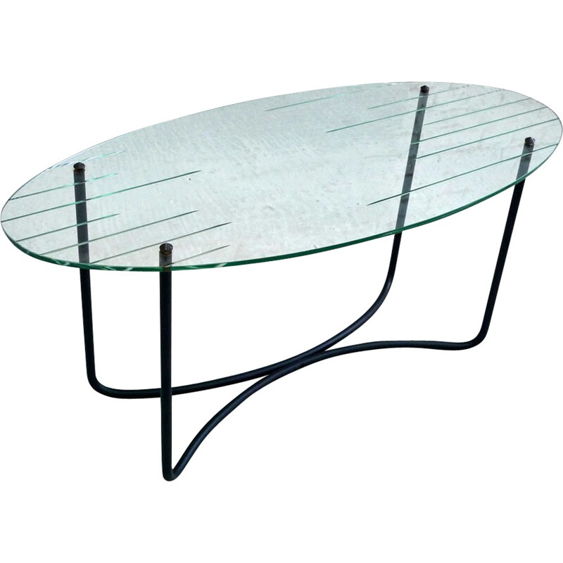 Vintage coffee table in glass and metal, Jacques HITIER - 1950s