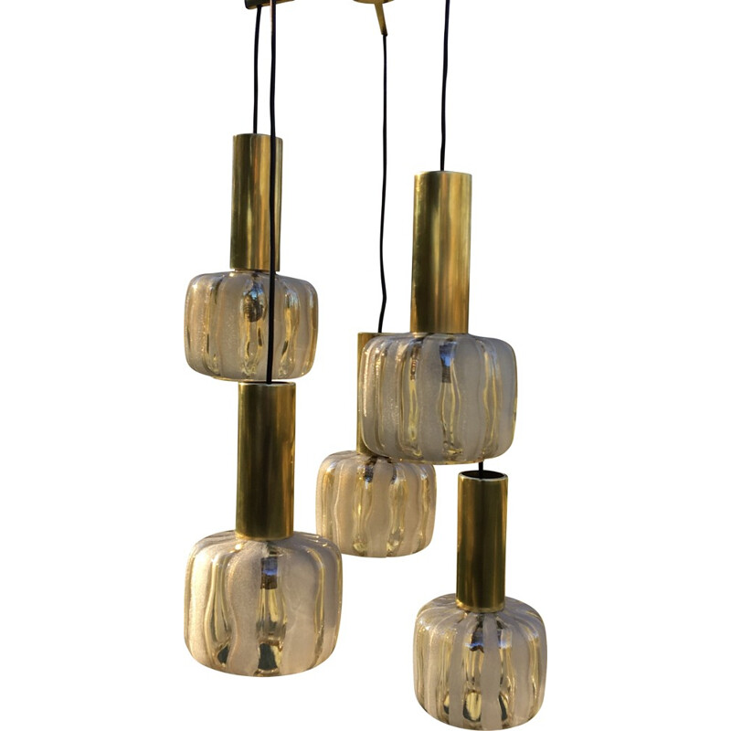 Vintage 5-armed hanging lamp in glass and brass - 1960s