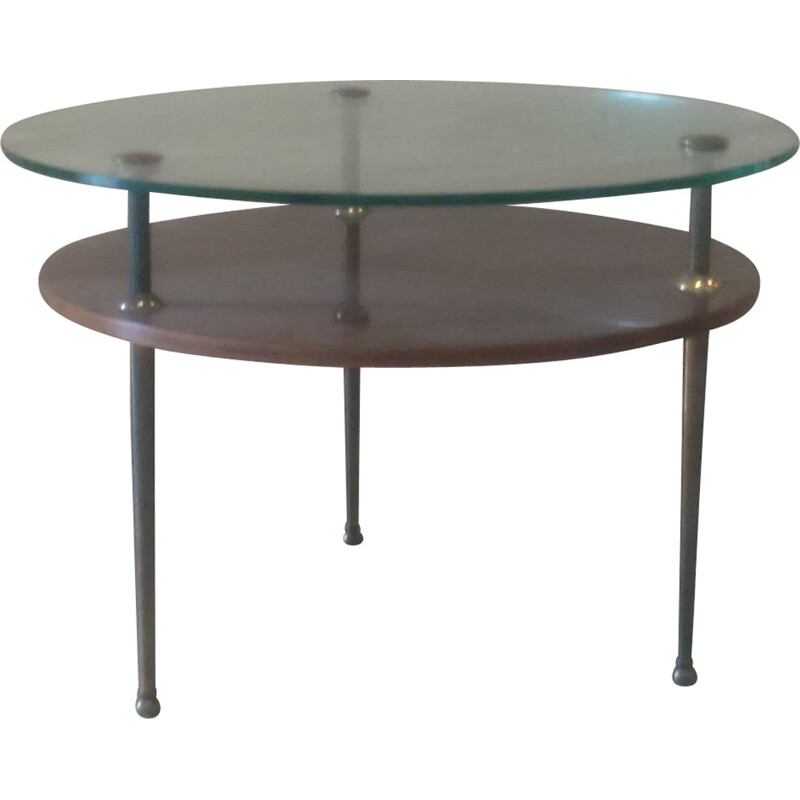 Coffee table in glass, wood and brass - 1960s
