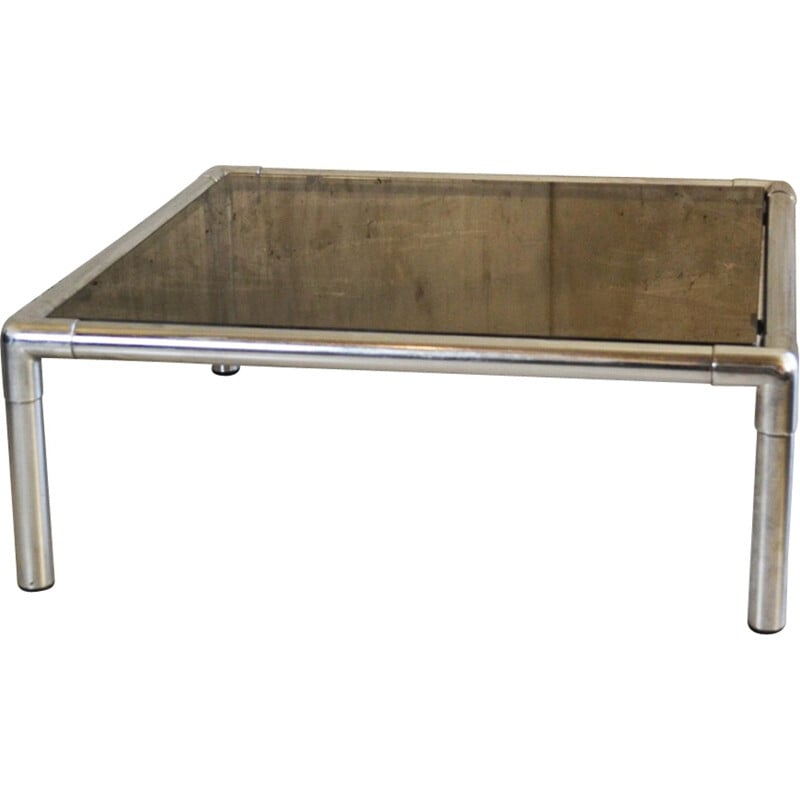 Table basse carrée en métal chromé et verre fumé - 1970