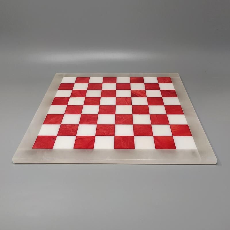 Jeu d'échecs vintage rouge et blanc en albâtre de Volterra, Italie 1970