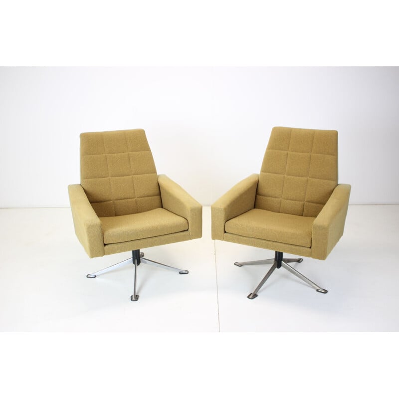 Pair of vintage metal and fabric swivel armchairs, Czechoslovakia 1970s