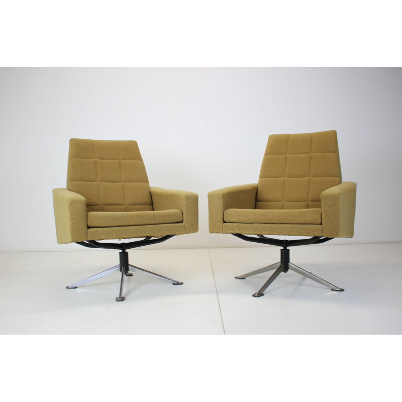 Pair of vintage metal and fabric swivel armchairs, Czechoslovakia 1970s