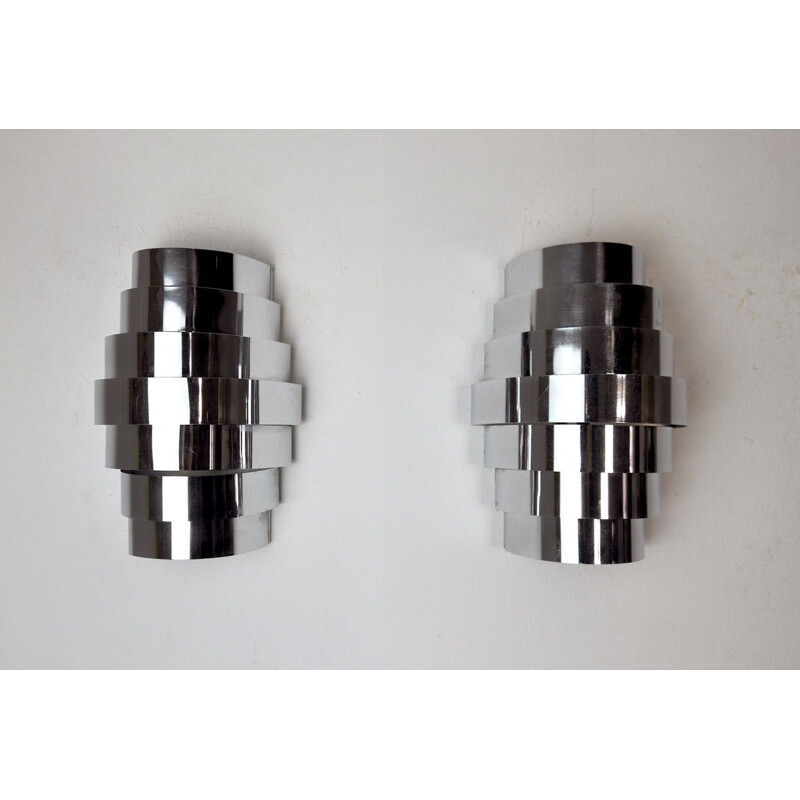 Pair of vintage chrome wall lamps, France 1970