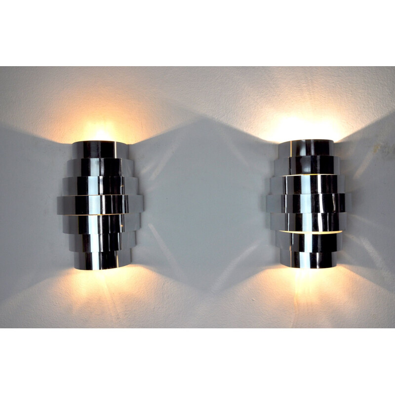 Pair of vintage chrome wall lamps, France 1970