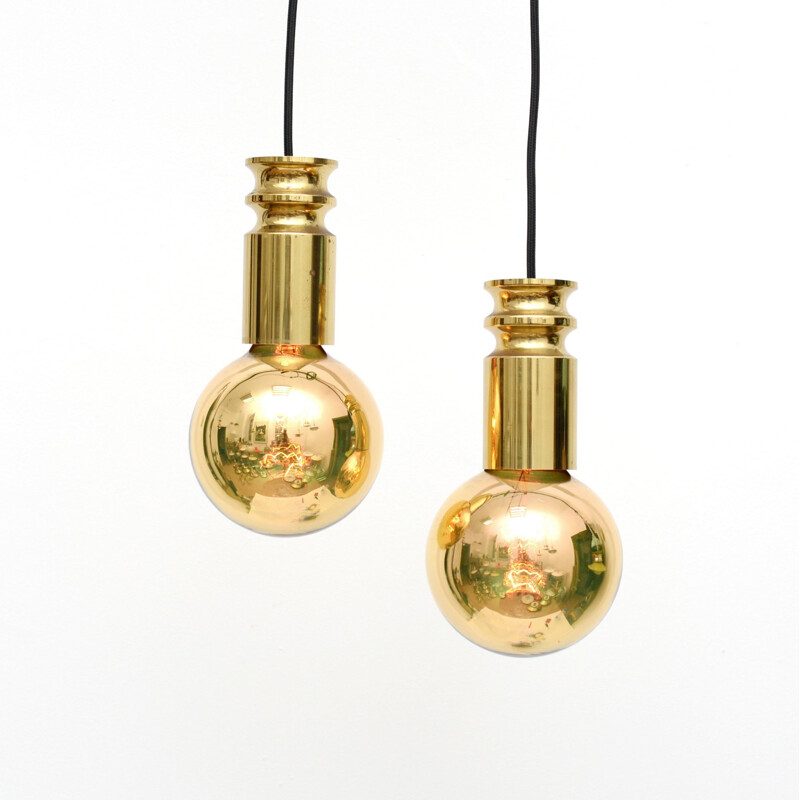 Pair of vintage pendant lamps in brass, Denmark 1950s
