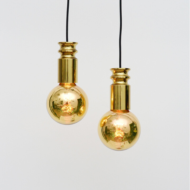 Pair of vintage pendant lamps in brass, Denmark 1950s