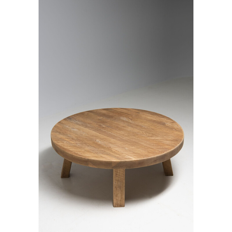 Round Brutalist vintage coffee table in solid oakwood, 1970