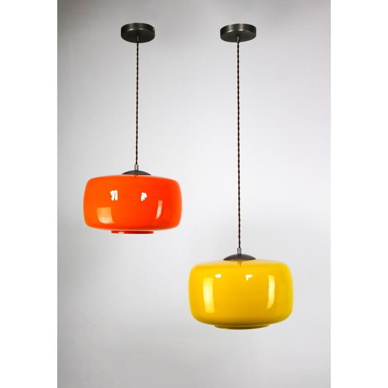 Pair of orange and yellow vintage glass pendant lamps