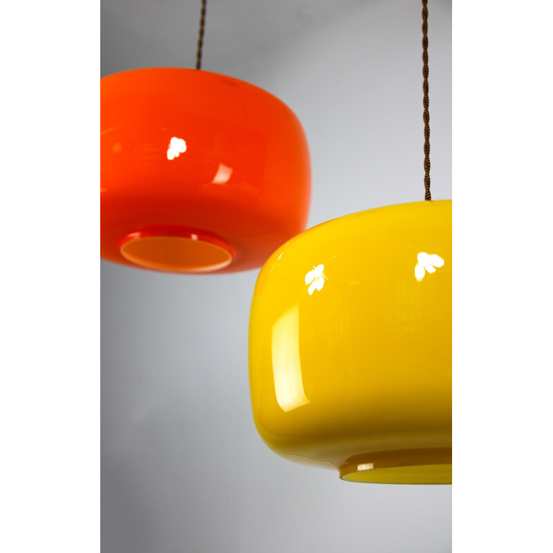 Pair of orange and yellow vintage glass pendant lamps