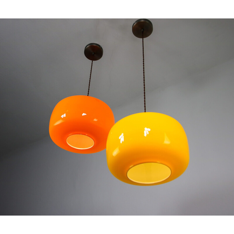 Pair of orange and yellow vintage glass pendant lamps