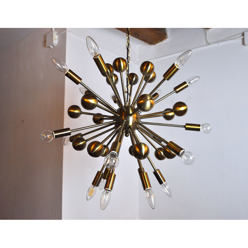 Lampadario sputnik vintage in metallo dorato, 1990